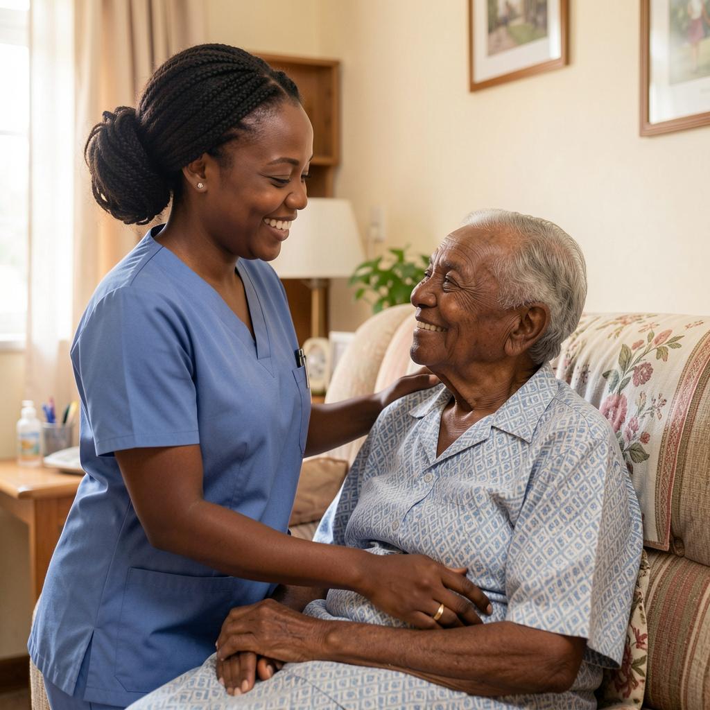 A care worker supporting an older woman at home