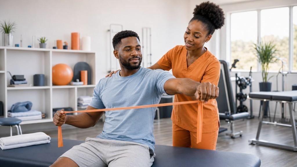 A physiotherapist helping a patient with a movement exercise